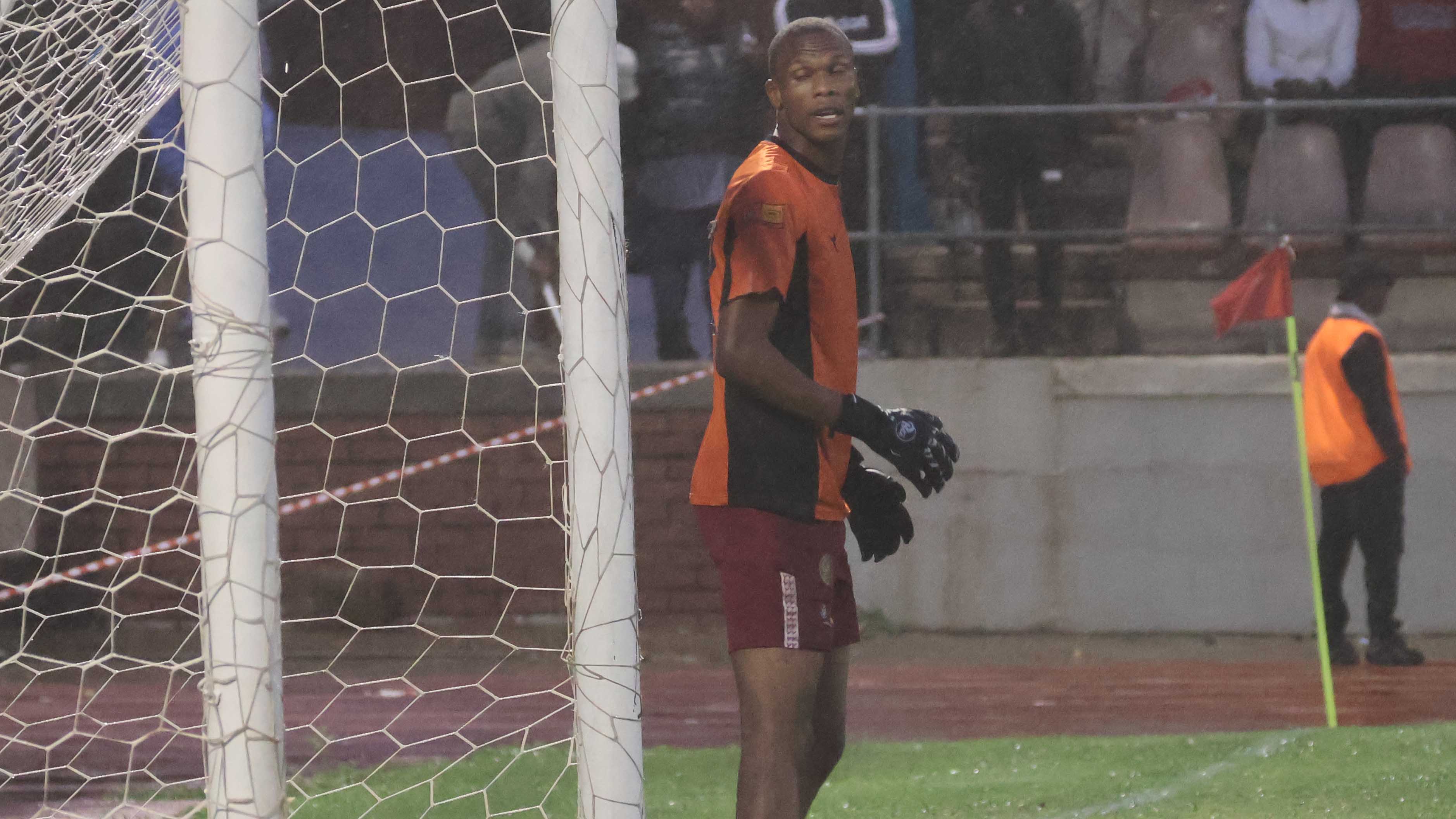 SHOT STOPPER HEROICS: Manzini Wanderers midfielder, Mphumuzo Ginindza was forced into the goal posts after their goalkeeper, Mario Jamine got a red card for handling the ball outside the box.